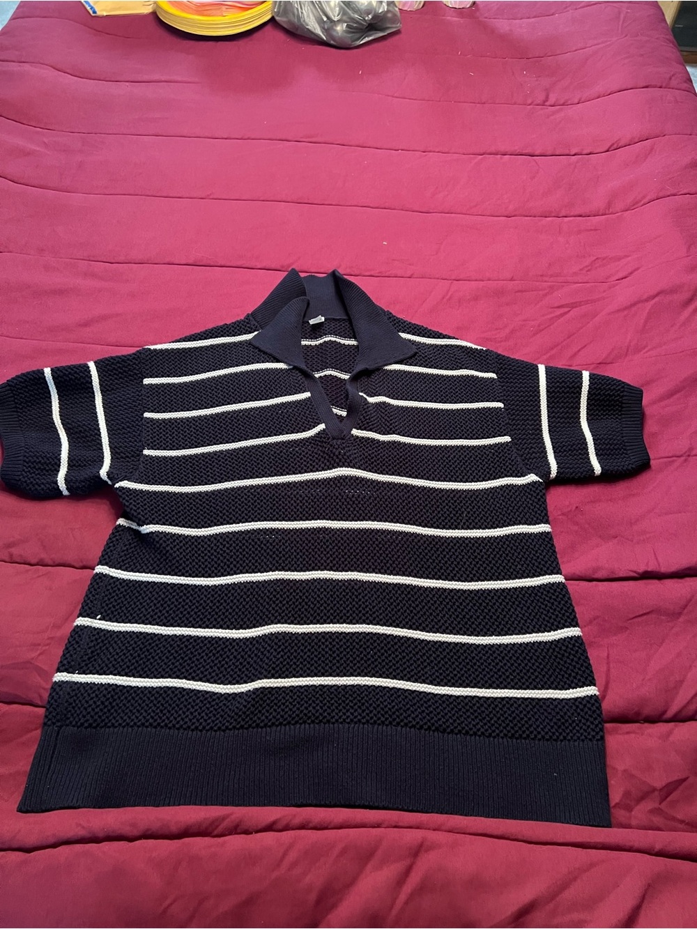 Old Navy Open Knit Navy Blue Stripe Short-Sleeve Polo Sweater XL Tall
